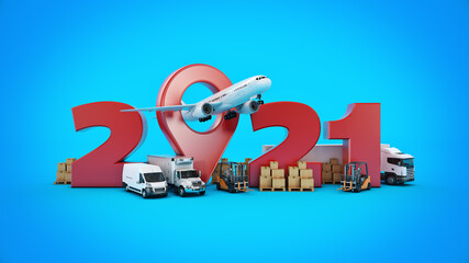 world wide cargo transport concept. 2021 New Year sign. 3d rendering