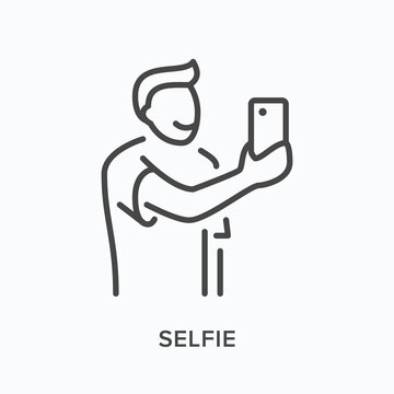 Selfie flat line icon. Vector outline illustration of young man taking self photo on mobile phone camera. Happy person holding smartphone in hand thin linear pictogram