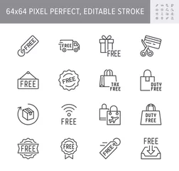 Poster Free label line icons. Vector illustration included icon as gratis delivery truck, shipping, wifi, download, duty free outline pictogram of freebies. 64x64 Pixel Perfect Editable Stroke © Sir.Vector