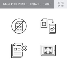 Paperless line icons. Vector illustration included icon as less paperwork, digital office, bureaucracy outline pictogram of electronic document management. 64x64 Pixel Perfect Editable Stroke