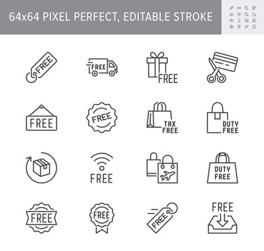 Free label line icons. Vector illustration included icon as gratis delivery truck, shipping, wifi, download, duty free outline pictogram of freebies. 64x64 Pixel Perfect Editable Stroke