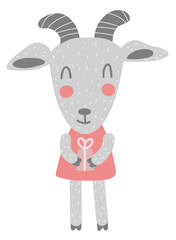 Cute girl goat with gift box in kid nordic style . Vector illustration