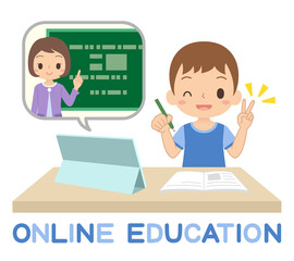 タブレットを使ってオンラインで勉強する男の子　オンライン授業　ピースサイン　イラスト