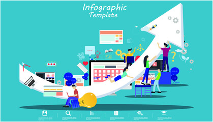Business team Man and woman think analyze creative work  with hoist up arrow,flat design illustration Creativity modern Idea and Concept Vector Infographic template.
