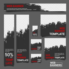 Set of web banners in standard size. Black color templates, with place for photo. Vector background illustration