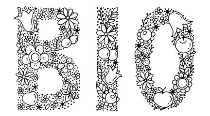 Lettering Bio. An inscription made from flowers, fruits and leaves. Black and white graphic drawing. White background, isolate. Stock illustration.