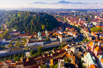 Panoramic aerial view of Ljubljana cityscape and river Ljubljanica, Slovenia