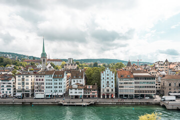 Cityscape view on the historic city center Zurich in Switzerland and river limmat.