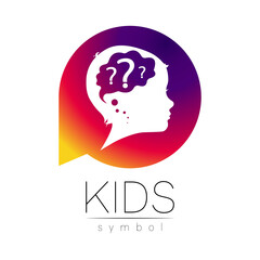 Obraz na płótnie Canvas Child logotype with brain and question in violet circle vector. Silhouette profile human head. Concept logo for people, children, autism, kids, therapy, clinic, education. Template symbol design
