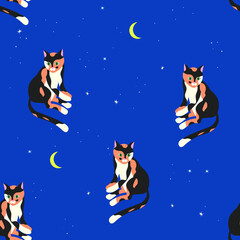Seamless pattern with cat ,moon and stars.Vector.