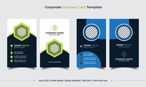 Set of vertical simple and clean modern Business card, name card, visiting card Template. Corporate Personal Business card template design with Blue and Green color