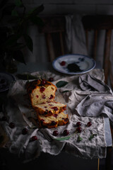 Cherry sour cream cake. .style rustic  . natural light