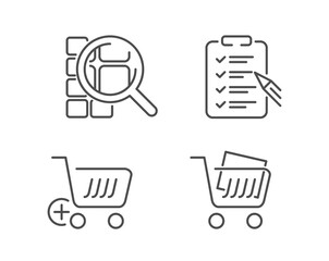 Online shopping, searching, checklist, shopping cart - set of vector flat outline icons 