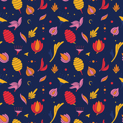 Modern colored seamless blue pattern with flowers and geometric elements. Purple, orange, pink and yellow colors