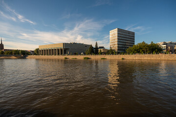 Naklejka premium Wroclaw, Poland August 5, 2020; View of the city of Wroclaw from the perspective of the Odra River.