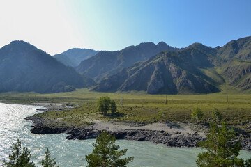 Beautiful view of the Altai mountains and the course of the Turquoise Katun river