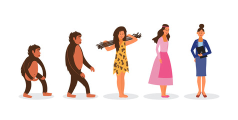 Female evolution from ape to business woman - cartoon women in Darwin chain