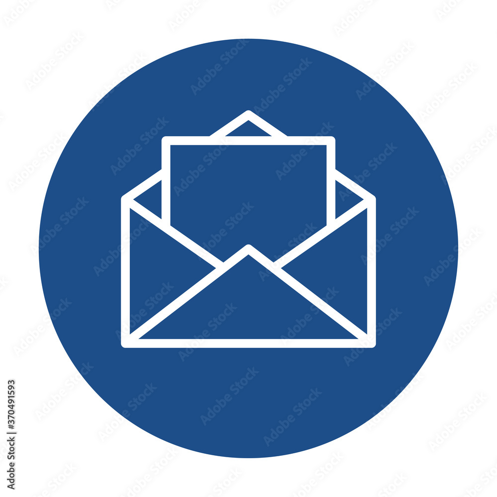 Poster blue round opened envelope with letter outline icon, button isolated on a white background. eps10 ve