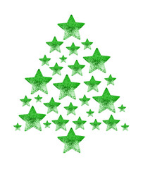 Green Christmas fir tree made of shiny stars white background isolated closeup, stars in shape of decorative New Year pine, xmas decoration, greeting card pattern, festive banner, holiday symbol, sign