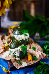 Stuffed zuccini with chicken alfredo..selective focus
