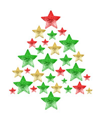 Christmas fir tree made of shiny stars white background isolated closeup, green, red, golden stars in shape of decorative New Year pine, xmas decoration, greeting card, festive banner, holiday pattern