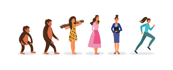 Human evolution female characters set flat vector illustration isolated.