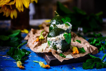 Stuffed zuccini with chicken alfredo..selective focus