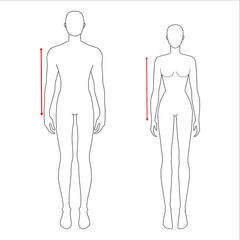 Women and men to do sleeve length measurement fashion Illustration for size chart. 7.5 head size girl and boy for site or online shop. Human body infographic template for clothes. 