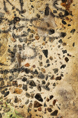 Background concrete wall, traces of weathering, worn wall damaged paint old paint. Remains of old paint on the painted concrete surface. Grungy concrete surface.