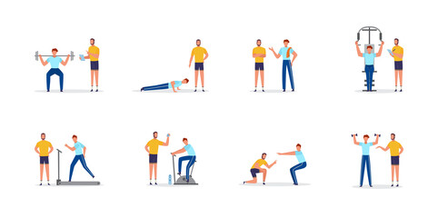Personal coach or trainer and client, flat vector illustrations set isolated.