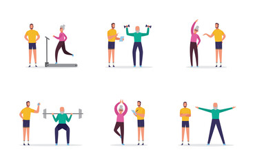 Set of elderly people at training with coach, flat isolated vector illustration.