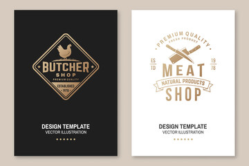 Butcher meat shop with chicken Badge or Label. Vector. Vintage typography logo design with chicken silhouette. Elements on the theme of the chicken meat shop, market, restaurant business.