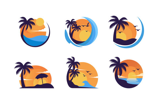 Set of summer sunset beach logo design