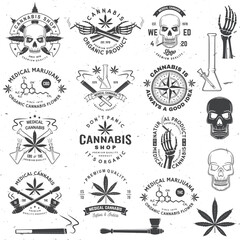 Set of medical cannabis badge, label with skull, skeleton hand, smoking marijuana. Vector Vintage typography logo design with cannabis, skeleton hand silhouette For weed shop, marijuana delivery