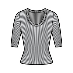 Ribbed scoop neck knit sweater technical fashion illustration with elbow sleeves, close-fitting shape. Flat outwear apparel template front grey color. Women, men unisex shirt top CAD mockup