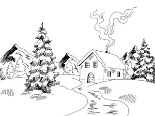 Fototapeta na wymiar Winter house exterior graphic black white fir tree landscape sketch illustration vector