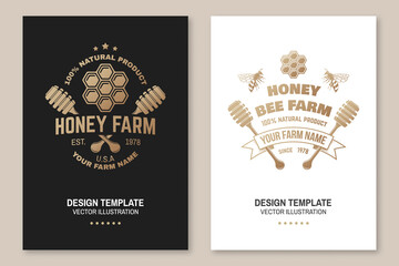 Honey farm badge. Vector. Concept for poster, flyer, template. Vintage typography design with honeycomb piece and honey dipper silhouette. Retro design for honey bee farm business