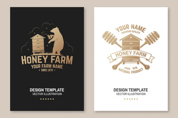 Honey bee farm poster, flyer, template. Vector. Vintage typography design with bee, hive and honey dipper silhouette. Design for honey bee farm business