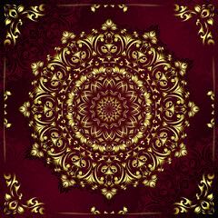 Vintage background mandala clock card with golden lace ornaments and art deco floral decorative elements