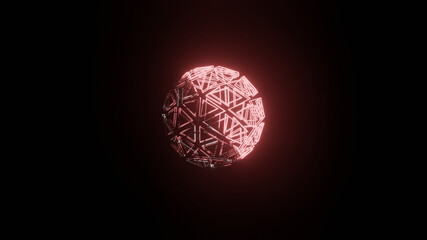 Illustration graphic of a 3d render dark and light shade of pink color wired frame plasma sphere or circle, isolated on black background.