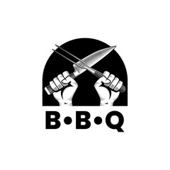 Two hands with crossed knife and fork. Vector sign in engrave style. Barbeque or cooking stock vector illustration. 