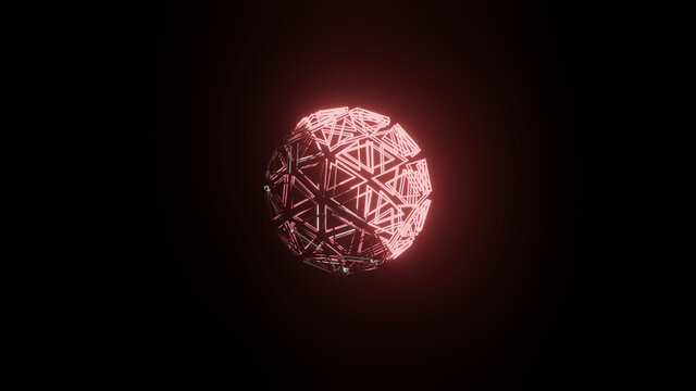 Illustration graphic of a 3d render dark and light shade of pink color wired frame plasma sphere or circle, isolated on black background.