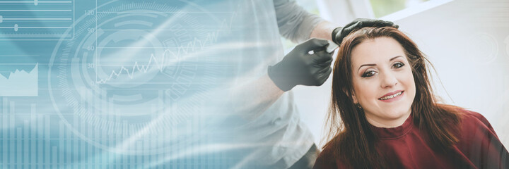 Hairdresser coloring hair; panoramic banner