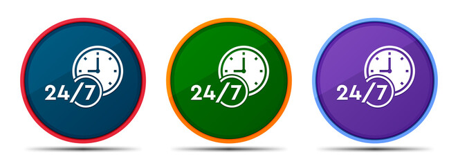 24/7 clock icon silky smart flat round buton set illustration