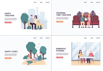 Cartoon couple on date - banner set of happy man and woman together