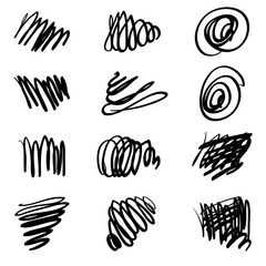 Set of handmade graphic elements. Collection of abstract shapes and sketches, doodles. Strikethrough, lattice, spiral. Marker drawn design. Isolated.Vector illustration