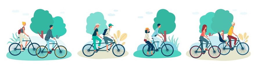 Naklejka premium Cartoon couples riding bicycle on summer park, young man and woman
