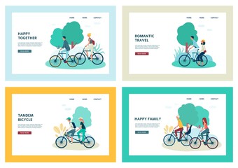 Set of banners with people riding bicycle flat vector illustration isolated.