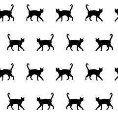Seamless pattern with black walking cats. Endless monochrome backdrop for World Cat Day. Kittens on a white background. Vector illustration.