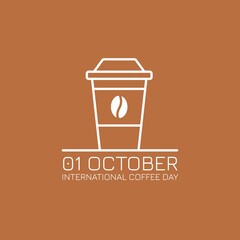 International Coffee Day outline vector illustration. Paper cup, bean and text.